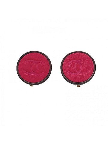 Chanel Chanel Earrings, Coco Mark Circle, GP Plated Leather, Gold, Red, Women's (view 1)