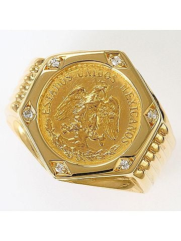 Unbranded Mexican Peso Coin, 21.6K Yellow Gold (YG), 18K Ring, 1 Diamond (0.04ct), Card, Total Weight 6.6g, Jewelry (view 1)
