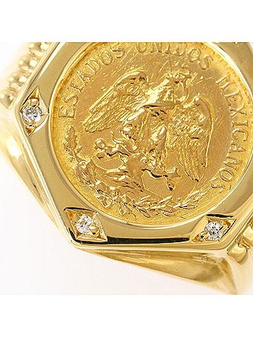 Unbranded Mexican Peso Coin, 21.6K Yellow Gold (YG), 18K Ring, 1 Diamond (0.04ct), Card, Total Weight 6.6g, Jewelry (view 2)