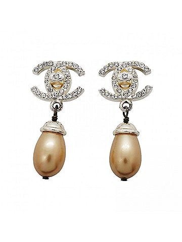 Chanel Chanel Earrings, Coco Mark, Turnlock, Metal, Faux Pearl, Rhinestone, Silver, Women's, OP010770 (view 1)