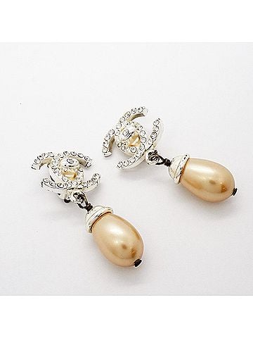 Chanel Chanel Earrings, Coco Mark, Turnlock, Metal, Faux Pearl, Rhinestone, Silver, Women's, OP010770 (view 2)