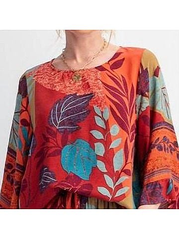 Easel Border Printed Rayon Challis Woven Top in Rust Teal (view 2)