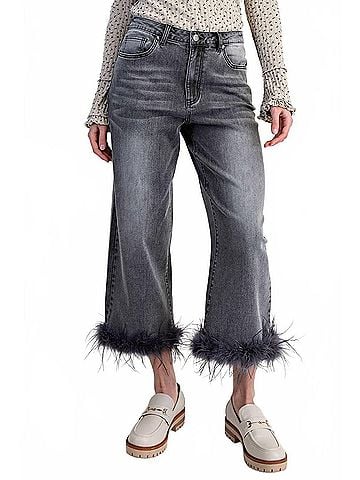 Easel Fur Bottom Hem Stretch Denim Pants in Black (view 2)