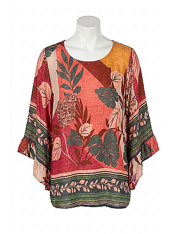 Easel Border Printed Rayon Challis Woven Top in Rose Green (view 1)