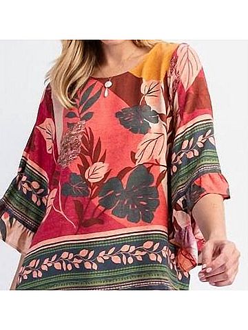 Easel Border Printed Rayon Challis Woven Top in Rose Green (view 2)