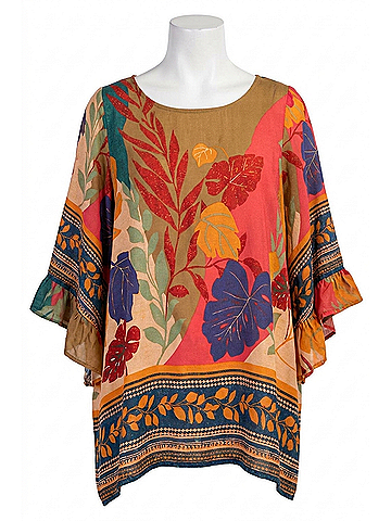 Easel Border Printed Rayon Challis Woven Top in Olive Camel (view 1)