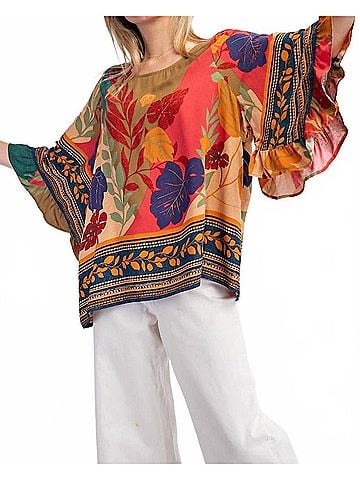 Easel Border Printed Rayon Challis Woven Top in Olive Camel (view 2)