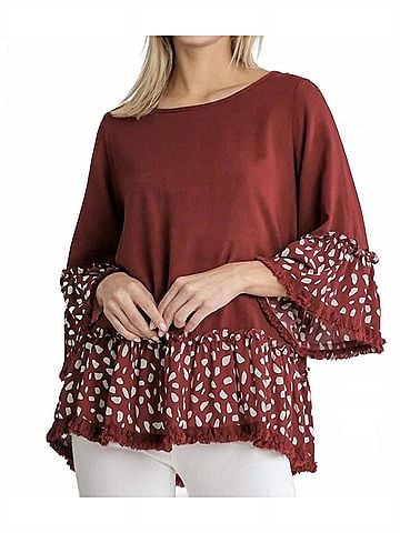 Umgee Linen Blend Animal Print Top in Garnet Mix (view 2)