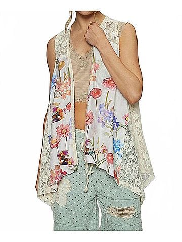 Pol Sleeveless Printed Woven Lace Detail Vest in Multi (view 2)