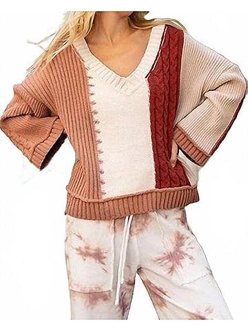 Pol Color Block V-Neck Sweater in Rust Taupe (view 2)