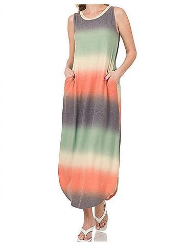 Zenana Multi Maxi Dress in Navy/Dusty Teal (view 2)