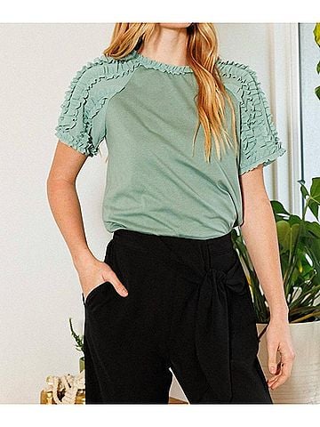 Oddi Ruffle Knit Top in Sage (view 2)