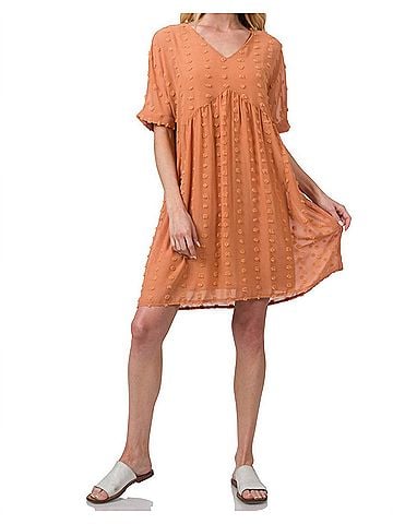 Zenana Dot Babydoll Mini Dress in Butter Orange (view 2)