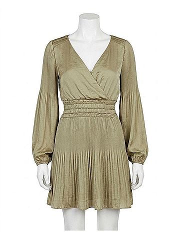 She + Sky Long Sleeve Satin Dress in Olive (view 1)