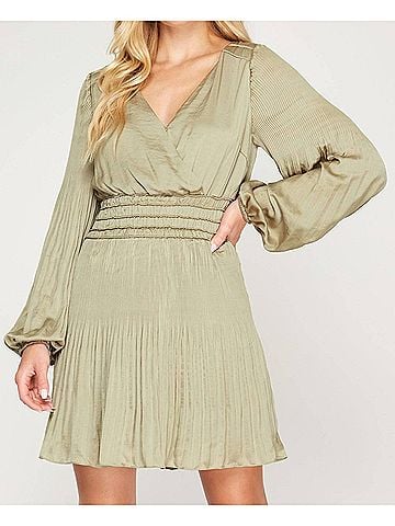 She + Sky Long Sleeve Satin Dress in Olive (view 2)