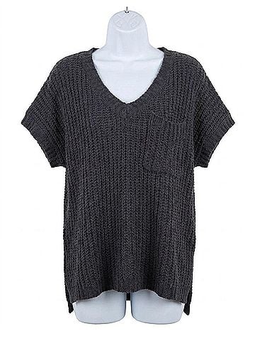 Pol High-Low Short Sleeve Chenille Sweater in Charcoal (view 1)