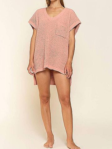 Pol High-Low Short Sleeve Chenille Sweater in Salmon Pink (view 2)