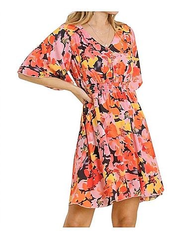 Umgee Mixed Print V-Neck With Ruffle Sleeves Dress in Orange (view 2)
