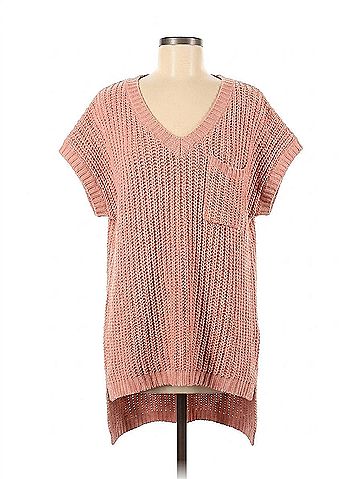 Pol High-Low Short Sleeve Chenille Sweater in Salmon Pink (view 1)