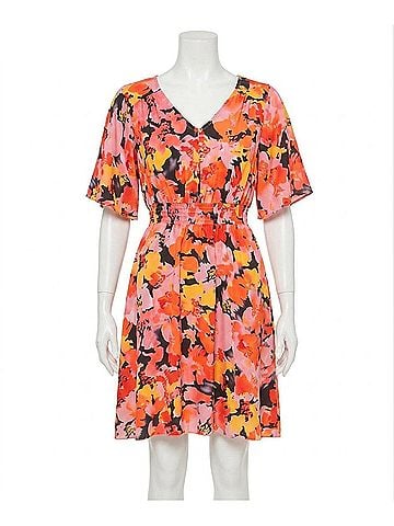 Umgee Mixed Print V-Neck With Ruffle Sleeves Dress in Orange (view 1)