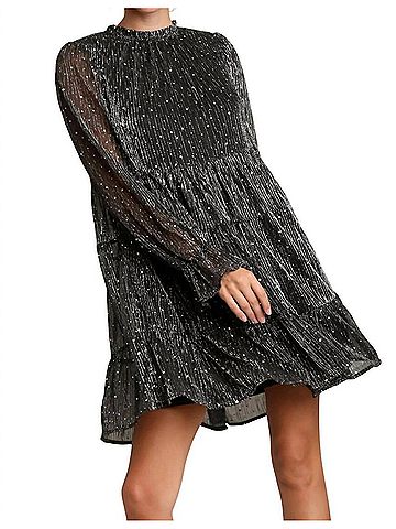 Umgee Rhinestone Embellished Tiered Metallic Dress in Black (view 2)