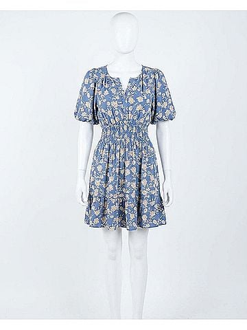 Umgee Split Neck Floral Puff Sleeve Dress With Smocked Waistband in Blue (view 1)