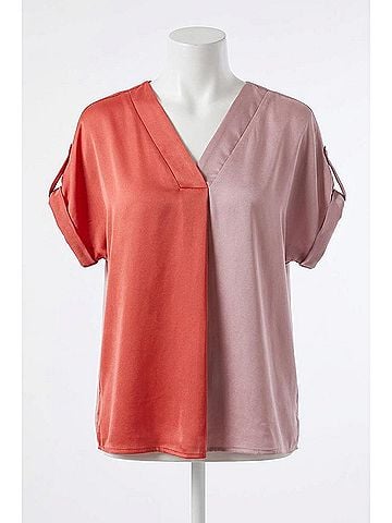 Oddi V- Neck Color Block Satin Blouse in Orange/Pink (view 1)