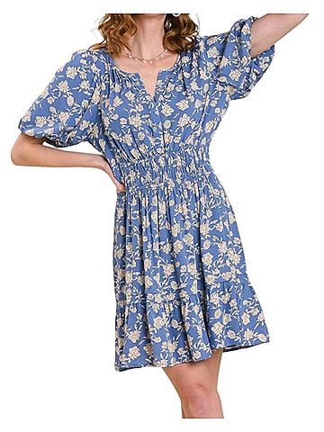 Umgee Split Neck Floral Puff Sleeve Dress With Smocked Waistband in Blue (view 2)