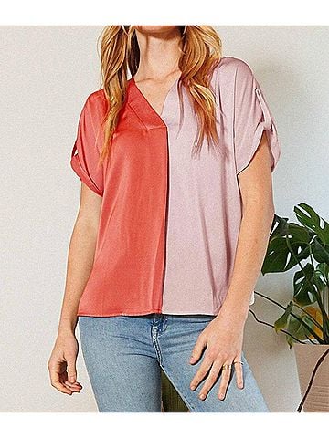 Oddi V- Neck Color Block Satin Blouse in Orange/Pink (view 2)