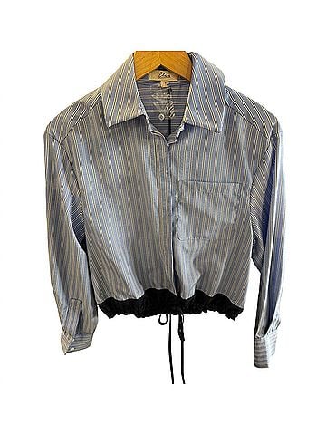 Elan Women's Button Down Tie At Waist Top in Blue Stripe (view 2)