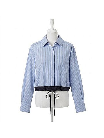 Elan Women's Button Down Tie At Waist Top in Blue Stripe (view 1)