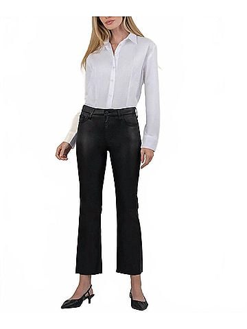Kut from the Kloth Kelsey Coated High Rise Ankle Flare Raw Hem Pants in Black (view 2)