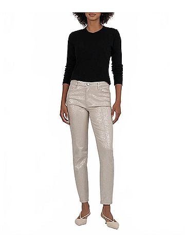 Kut from the Kloth Charlize Metallic Coated High Rise Cigarette Leg Pants in Cream/Silver (view 2)