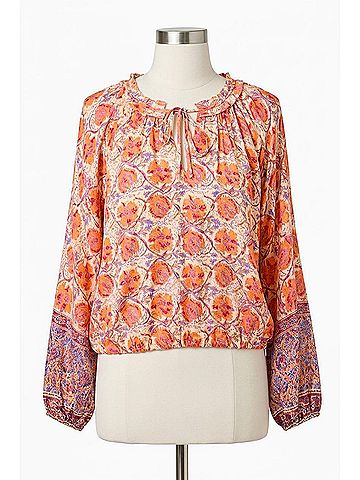 Mystree Women's Border Print Ruffle Top in Oat/Orange (view 1)