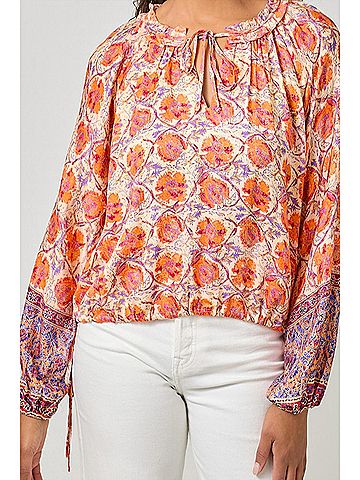 Mystree Women's Border Print Ruffle Top in Oat/Orange (view 2)