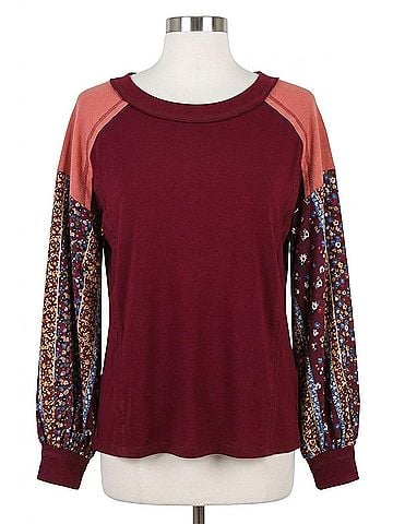 Umgee Colorblock Contrast Knit With Printed Sleeves Top in Sangria (view 1)