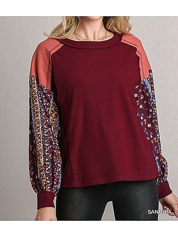 Umgee Colorblock Contrast Knit With Printed Sleeves Top in Sangria (view 2)