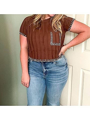 Le Lis Hadley Contrast Stitch Sweater Top in Brown (view 2)