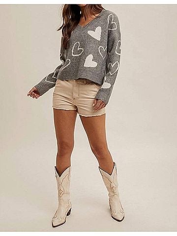Hem & Thread Heart V-Neck Sweater Top in Grey (view 2)