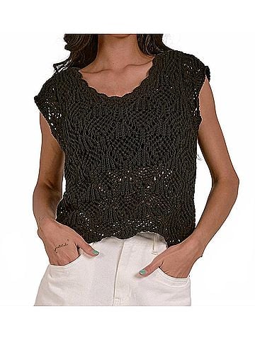 Elan Crochet Cap Sleeve Sweater in Black (view 2)