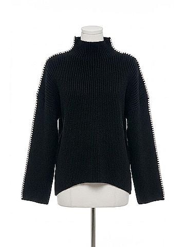 Elan Whipstitch Sleeve High Neck Sweater in Black (view 1)