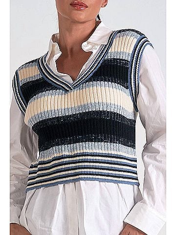 Elan Kaia Sweater Vest Collar Top Set in Blue Multi (view 2)