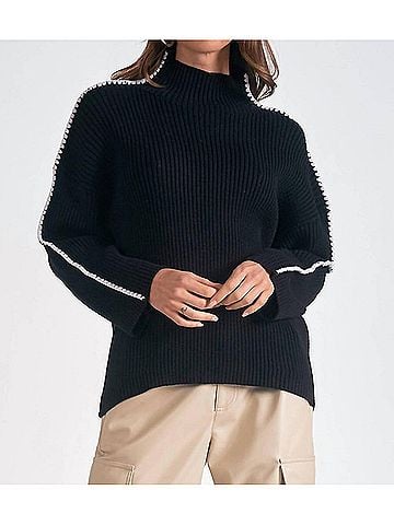 Elan Whipstitch Sleeve High Neck Sweater in Black (view 2)