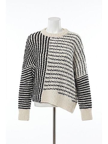 Elan Mara Round Neck Sweater in Black White Stripe (view 1)