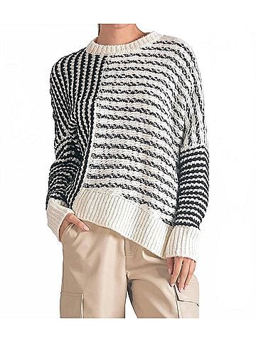 Elan Mara Round Neck Sweater in Black White Stripe (view 2)