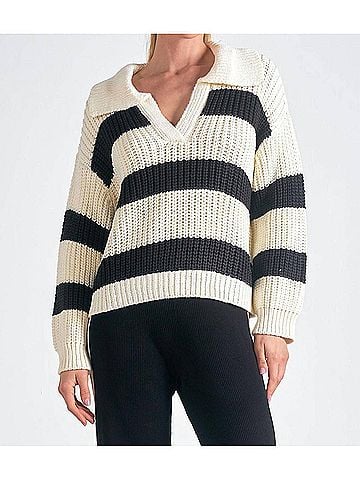 Elan Color Block V-Neck Sweater in Black/White (view 2)