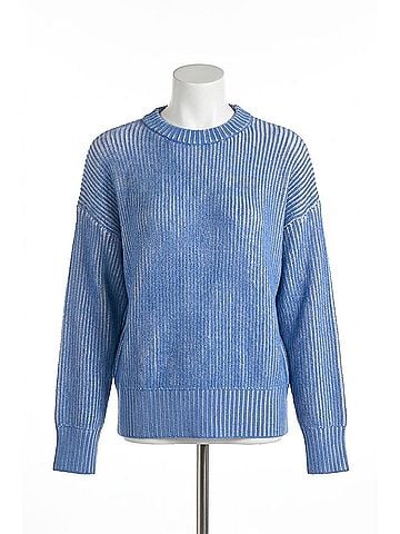 Elan Kendra Ribbed Crewneck Sweater in Blue/White (view 1)