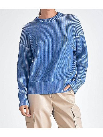 Elan Kendra Ribbed Crewneck Sweater in Blue/White (view 2)