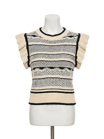 Elan Flutter Sleeve Crew Neck Sweater Top in Off White/Black (view 1)