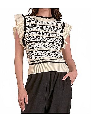 Elan Flutter Sleeve Crew Neck Sweater Top in Off White/Black (view 2)